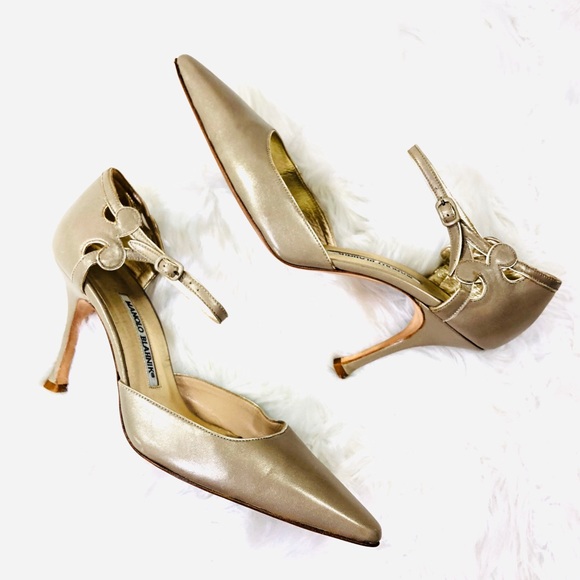 Manolo Blahnik Shoes - Manolo Blahnik Gold Scroll Ankle Strap Heels 38.5